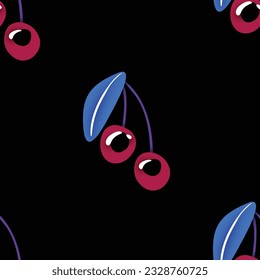 Seamless Pattern with Psyhodelical Print with Cherry Monster Vibes. Surreal Design on Black. Pop Art Cartoon Style with Stains. Endless Texture. Vector 3d Illustration