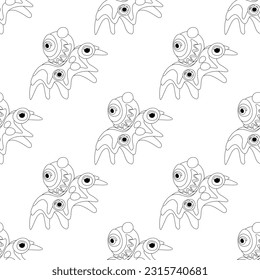 Seamless Pattern with Psyhodelical Print with Flying Monster Vibes. Surreal Design, Endless Texture. Pop Art Cartoon Style with Stains. Coloring Book Page. Vector Contour Illustration