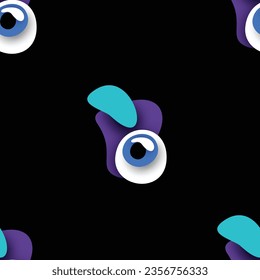 Seamless Pattern with Psyhodelical Print with Monster Eyes. Surreal Design on Black. Pop Art Cartoon Style with Stains. Endless Texture. Vector 3d Illustration