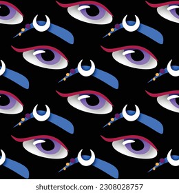 Seamless Pattern with Psyhodelical Print with Surreal Female Eye with Eyebrow. Surreal Design on Black. Pop Art Cartoon Style with Stains. Endless Texture. Vector 3d Illustration