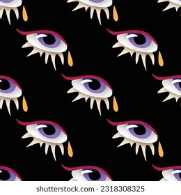 Seamless Pattern with Psyhodelical Print with Surreal Eye. Surreal Design on Black. Pop Art Cartoon Style with Stains. Endless Texture. Vector 3d Illustration