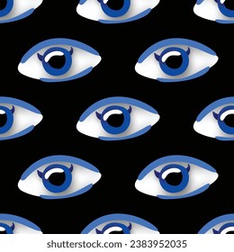 Seamless Pattern with Psyhodelical Print with Surreal Eye. Surreal Design on Black. Pop Art Cartoon Style with Stains. Endless Texture. Vector 3d Illustration