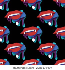 Nahtlose Muster mit Psychodelikatdruck mit Vampire Vibes. Surreal Design auf Schwarz. Pop Art Cartoon Stil mit Stains. Endlose Textur. Vektorgrafik 3D