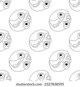Seamless Pattern with Psyhodelical Print with Yolk Monster with Eyes. Surreal Design, Endless Texture. Pop Art Cartoon Style with Stains. Coloring Book Page. Vector Contour Illustration