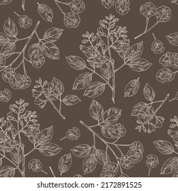 Seamless pattern with pterocarpus marsupium: pterocarpus marsupium plant, leaves, seeds and pterocarpus marsupium flowers. Indian kino tree. Cosmetic, perfumery and medical plant. Vector drawn