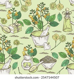 Seamless pattern with pterocarpus marsupium: pterocarpus marsupium plant, leaves, seeds and pterocarpus marsupium flowers. Indian kino tree. Oil, soap and bath salt . Cosmetics and medical