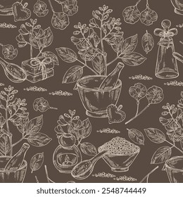 Seamless pattern with pterocarpus marsupium: pterocarpus marsupium plant, leaves, seeds and pterocarpus marsupium flowers. Indian kino tree. Oil, soap and bath salt . Cosmetics and medical