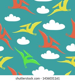 Seamless pattern with pterodactyls flying in the sky. Print for fabric or packaging or other. Vector pattern.