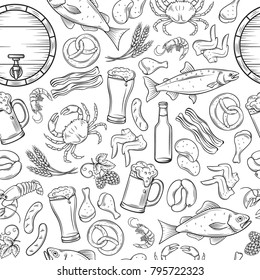 Seamless pattern pub food and beer. Vector alcohol and snacks background with crab, lobster, shrimp, fish, chicken wings and legs, pretzel and nachos for craft beer club
