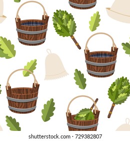 Seamless pattern public baths wood bucket spa sauna accessories background vector colorful illustration relaxation hygiene products