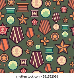 Seamless pattern of public commemorative medals. Background with awards for day of defenders of fatherland. Modern colorful flat style. Wallpaper of army rewards icons.