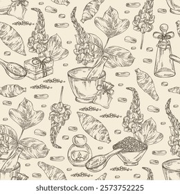 Seamless pattern with pueraria lobata: pueraria lobata plant, leaves, flowers and pueraria lobata root. Oil, soap and bath salt . Cosmetics and medical plant. Vector hand drawn