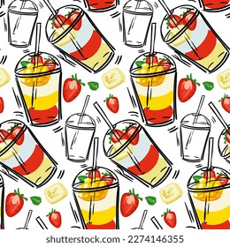 Seamless pattern with puff smoothies. A hand-drawn glass with drinks and fruits. Cute bright vector illustration. Colorful background with fruit juice stains in layers. A mix of drinks. Printing