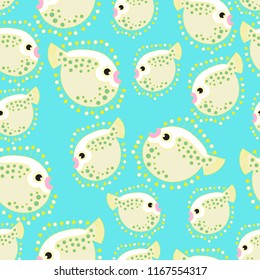 Seamless pattern. Puffer fish on blue background.
