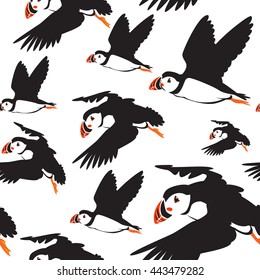 Seamless pattern of puffin birds in color use as background, wallpaper, card and wrap paper