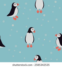 Seamless pattern with puffins on blue background. 