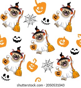 Seamless pattern and pug dog in halloween ghost costume   pumpkin  Vector cartoon illustration  Drawing for children's clothing  t  shirts  gifts  packaging