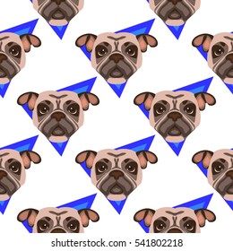 Seamless pattern with pug dog heads, vector illustration