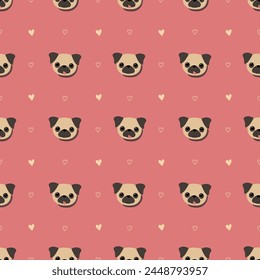 Seamless pattern with pug dogs. Cute background with pug heads. Pattern for packing of gifts, tiles fabric backgrounds. Sample for the website. Vector illustration on pink