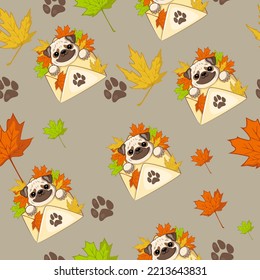 Seamless pattern pug in an envelope and autumn leaves. Vector illustration. 