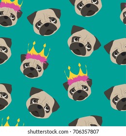 Seamless pattern with pug. Painted head of a cartoon pug for girls and boys, clothes, textiles, backgrounds, wrapping paper, crocheting on phone, web