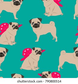 Seamless pattern with pug. Painted head of a cartoon pug for girls and boys, clothes, textiles, backgrounds, wrapping paper, crocheting on phone, web