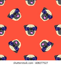 Seamless pattern with pug-dog in glasses on red background. Pug Dog