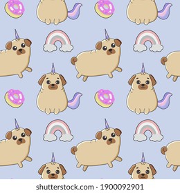 Seamless pattern with  pugs, donuts and rainbows. Background for wrapping paper,  greeting cards, design.