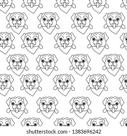 Seamless pattern with pugs made in the style of line art on a white background. Black and white background with dogs.
