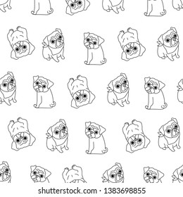 Seamless pattern with pugs made in the style of line art on a white background. Black and white background with pugs.
