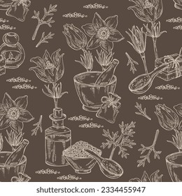 Seamless pattern with pulsatilla chinensis: anemone chinensis plant, leaves and pulsatilla chinensis flowers. Anemone chinensis. Oil, soap and bath salt . Cosmetics and medical plant. Vector hand