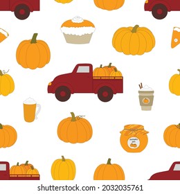 Seamless pattern pumnpkin patch vector illustration. Harvesting pumpkins