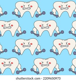 Seamless pattern of pumped up tooth with dumbbells. Concept for medical cabinet, dentistry advertising. Design print to social media, ad, textile, wallpaper, wrapping paper, poster.