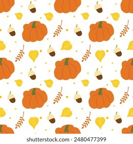 Seamless pattern of pumpkin, acorn, branch and leaves.Autumn background.