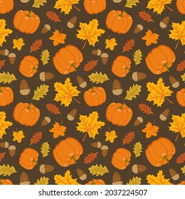 Seamless pattern with pumpkin, acorns and orange maple and oak leaves. Bright autumn print with nature, vegetables and forest plants