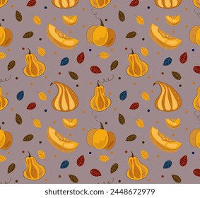 Seamless pattern of pumpkin andwreath autumn leaves. Halloween, Thanksgiving day. Autumn vibes. Fall vector cartoon flat doodle illustration.