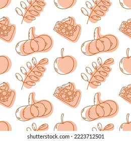 Seamless pattern with pumpkin, apple, leaves, pie. Vector illustration.