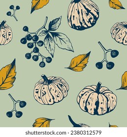 Seamless pattern with pumpkin, autumn berries and leaves