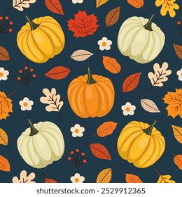 Seamless pattern with pumpkin, autumn Leaves, acorns and oak leaves for wallpaper, gift paper, pattern fills, textile, fall greeting cards.	