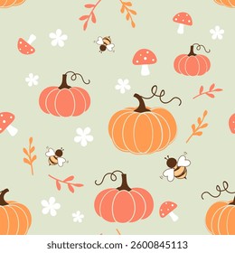 Seamless pattern with pumpkin, Autumn leaves, mushroom and bee cartoons on green background vector.