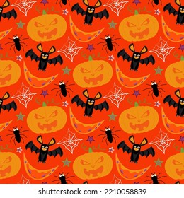 Seamless pattern with pumpkin, bat, moon, stars, web and spider. Vector illustration on the theme of Halloween, children's print.