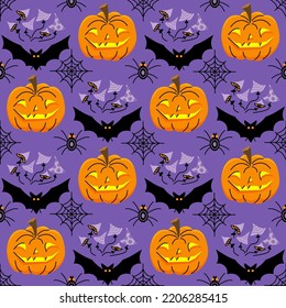 Seamless pattern with pumpkin, bat, spider and mushrooms. Vector color illustration.