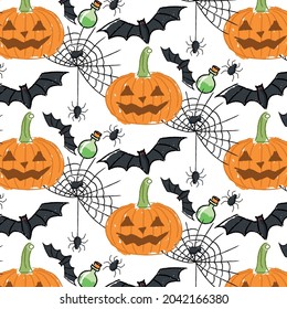 Seamless pattern with pumpkin, bats, spiders. It is ideal for the design of a website for Halloween, prints and much more