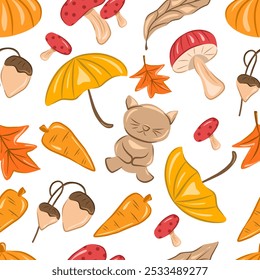 Seamless pattern of pumpkin, bear, umbrella, mushroom, acorn, carrot, maple leaf, and dry leaf with beautiful color on white background illustration for print or wrapping. Autumn seasonal. 