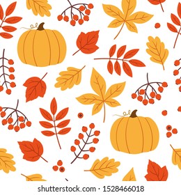 Seamless pattern with pumpkin, berries and autumn colourful leaves. Perfect for wrapping paper, wallpaper, pattern fills, web page background, autumn greeting cards, post cards