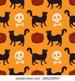 Seamless pattern with pumpkin, black cat and skull. Festive autumn decoration for Halloween. Holiday October background