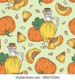 Seamless pattern with pumpkin and bottle of pumpkin oil. Vector hand drawn illustration