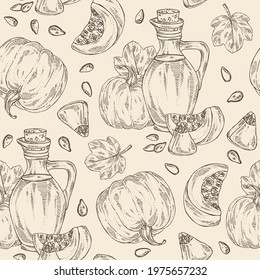 Seamless pattern with pumpkin and bottle of pumpkin oil. Vector hand drawn illustration