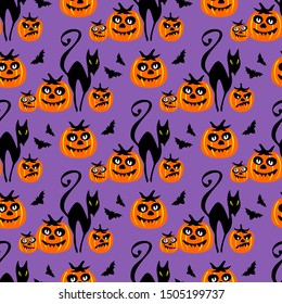 Seamless pattern with pumpkin and cats.  Halloween vector illustration. Flat style. Design element for wrapping paper, banner, wallpaper or fabric.
