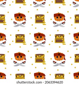 Seamless pattern with pumpkin character with emotions and face in pirate bandana, crossed sabers and with treasure chest and gold coins. Print to decorate Halloween party, birthday or holiday
